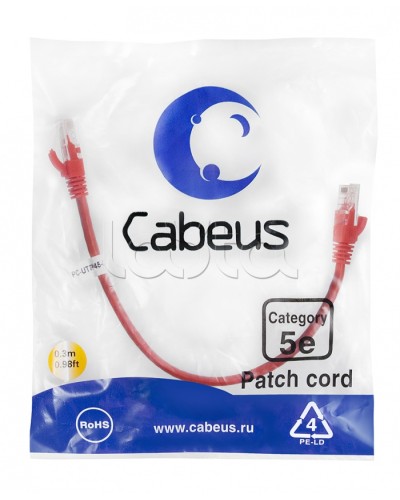 Патч-корд UTP, категория 5e, 0.3 м, неэкранированный, красный Cabeus PC-UTP-RJ45-Cat.5e-0.3m-RD в Ростове-на-Дону Патчкорды (медные) Pintop.ru