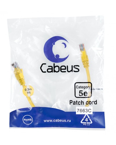 Патч-корд UTP, категория 5e, 0.3 м, неэкранированный, желтый Cabeus PC-UTP-RJ45-Cat.5e-0.3m-YL в Ростове-на-Дону Патчкорды (медные) Pintop.ru