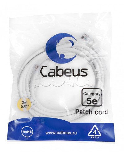 Патч-корд UTP, категория 5e, 3 м, неэкранированный, белый Cabeus PC-UTP-RJ45-Cat.5e-3m-WH в Ростове-на-Дону Патчкорды (медные) Pintop.ru