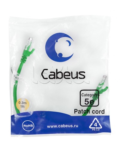 Патч-корд UTP, категория 5e, 0.3 м, неэкранированный, зеленый Cabeus PC-UTP-RJ45-Cat.5e-0.3m-GN в Ростове-на-Дону Патчкорды (медные) Pintop.ru
