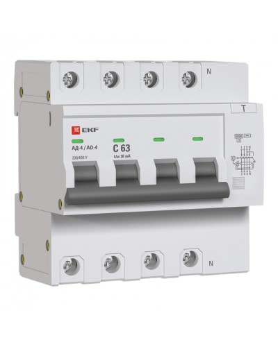 Дифференциальный автомат АД-4 63А/ 30мА (хар. C, AC, электронный) 6кА EKF PROxima (DA4-6-63-30-pro) в Ростове-на-Дону Электротехническое оборудование Pintop.ru