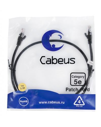 Патч-корд UTP, категория 5e, 1 м, неэкранированный, черный Cabeus PC-UTP-RJ45-Cat.5e-1m-BK в Ростове-на-Дону Патчкорды (медные) Pintop.ru
