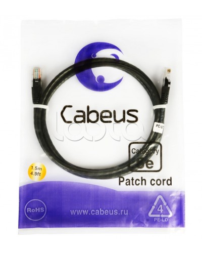 Патч-корд 2xRJ-45/8P8C U/UTP кат.5е (2 м) Cabeus PC-UTP-RJ45-CAT.5E-2M-BK в Ростове-на-Дону Патчкорды (медные) Pintop.ru