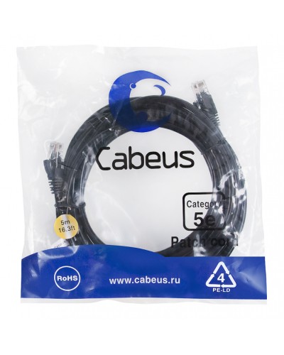 Патч-корд UTP, категория 5e, 5 м, неэкранированный, черный Cabeus PC-UTP-RJ45-Cat.5e-5m-BK в Ростове-на-Дону Патчкорды (медные) Pintop.ru