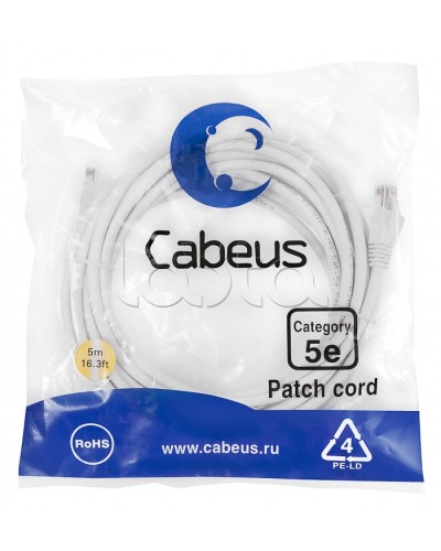 Патч-корд UTP, категория 5e, 5 м, неэкранированный, белый Cabeus PC-UTP-RJ45-Cat.5e-5m-WH в Ростове-на-Дону Патчкорды (медные) Pintop.ru