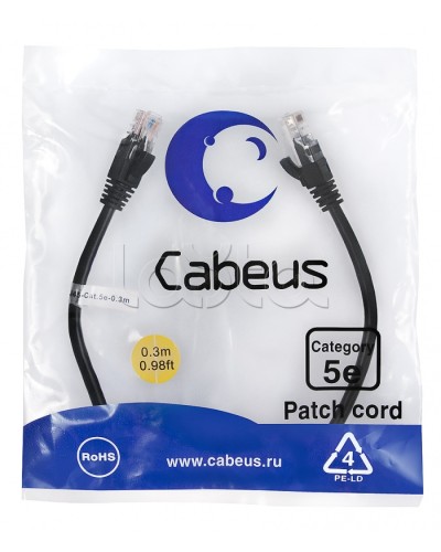 Патч-корд медный U/UTP кат.5е (0,3м) LSZH (черный) Cabeus (PC-UTP-RJ45-Cat.5e-0.3m-BK-LSZH) в Ростове-на-Дону Патчкорды (медные) Pintop.ru