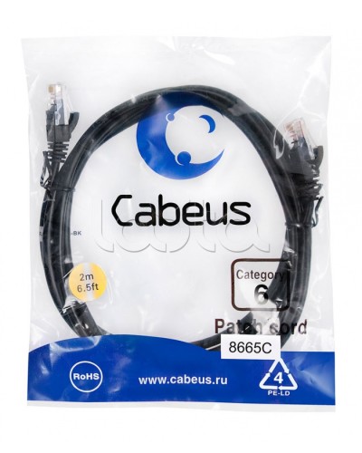 Патч-корд UTP, категория 6, 2 м, неэкранированный, черный Cabeus PC-UTP-RJ45-Cat.6-2m-BK в Ростове-на-Дону Патчкорды (медные) Pintop.ru