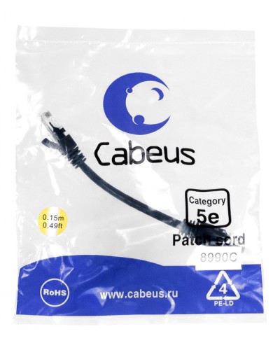 Патч-корд медный U/UTP кат.5е (0,15м) LSZH (черный) Cabeus (PC-UTP-RJ45-Cat.5e-0.15m-BK-LSZH) в Ростове-на-Дону Патчкорды (медные) Pintop.ru