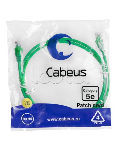 Патч-корд UTP, категория 5е, 1.5 м, неэкранированный, зеленый Cabeus PC-UTP-RJ45-Cat.5e-1.5m-GN в Ростове-на-Дону Патчкорды (медные) Pintop.ru