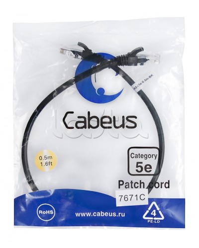 Патч-корд UTP, категория 5e, 0.5 м, неэкранированный, черный Cabeus PC-UTP-RJ45-Cat.5e-0.5m-BK в Ростове-на-Дону Патчкорды (медные) Pintop.ru